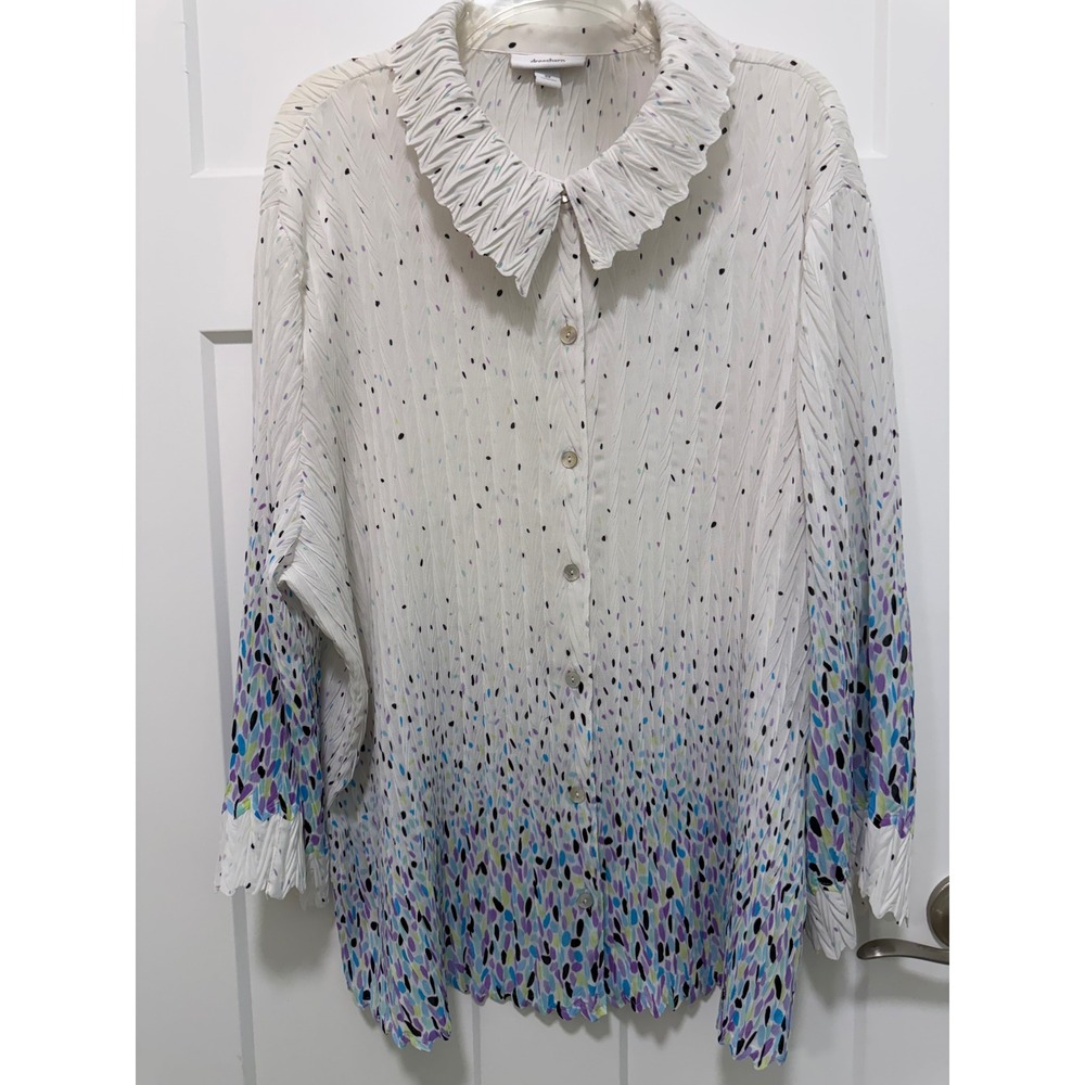 Dressbarn Woman 3X White Confetti Ombre Crinkle Pleated Collar Blouse Top
